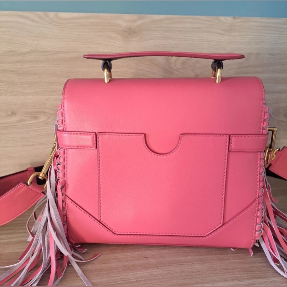 BALMAIN B BUZZ 23 Dark Pink Fringe Leather Gold Metal Hardware Shoulder Handbag - Picture 5 of 12